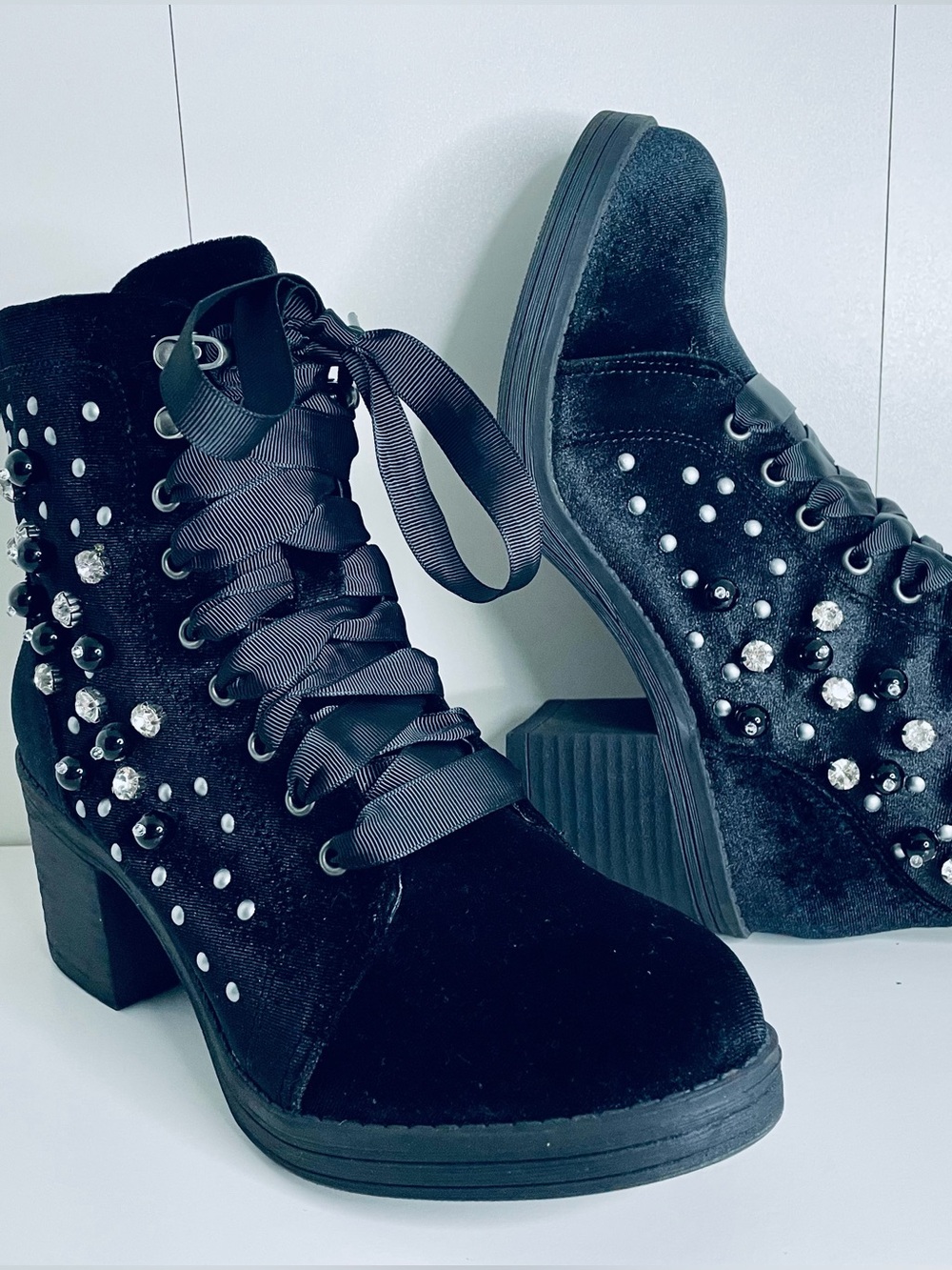 Madden Girl Black Velvet Lace-Up Ankle Boots with Crystal Studs